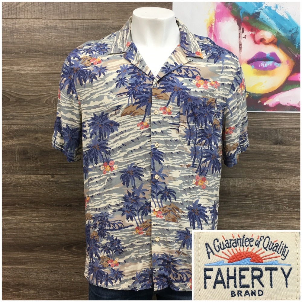 Faherty Brand Mens XL Tropical Palm Tree Viscose Camp Shirt Blue Hawaiian